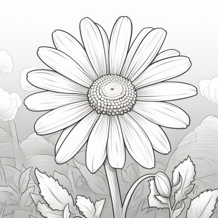 a black and white drawing of a flower, featuring lush landscape backgrounds and detailed character illustrations. the drawing showcases light gray and amber tones, resembling a storybook illustration. the simplified line work and wide angle lens perspective add depth to the image, while the detailed shading enhances its overall intricacy. ai generatedの素材