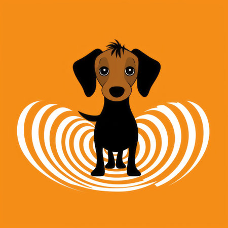 a cute puppy is captured in a captivating photograph against an orange background. the image showcases a unique style reminiscent of spiral vortex patterns, with a graphic black and white aesthetic. the photograph, inspired by advertisements, cleverly utilizes negative space to create a visually striking composition. the puppy's smooth and shiny appearance adds to the overall appeal of the image. ai generatedの素材