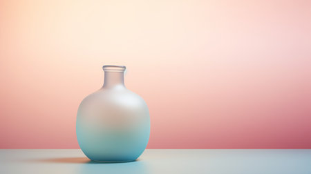 empty bottle on shelf with glowing pink, pink or light blue background. the photo is rendered in the style of physically based rendering, featuring light teal and amber hues. the image showcases subtle shading and a ceramic texture. it is created by a minimalist graphic designer, with soft focal points. ai generatedの素材