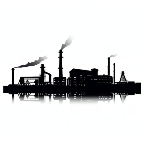 an illustration depicting an industrial structure with a factory and smoke stacks, created in the style of dark reflections. the artwork showcases a combination of light white and black tones, flowing silhouettes, and a sense of majesty in the ports. this traditional technique illustration captures the essence of industrialization and is reminiscent of an associated press photo. ai generatedの素材