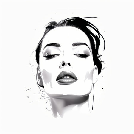 a captivating illustration of an elegant woman's face, created in watercolors with a minimalistic black and white sketch style. the artwork evokes beauty and showcases a strong facial expression. the use of liquid metal adds a gritty hollywood glamour to the illustration, while the low-angle perspective enhances its impact. the fluid and loose brushstrokes further enhance the overall aesthetic. ai generatedの素材