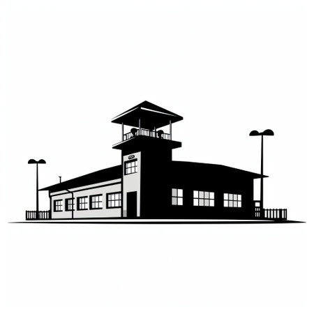 a black silhouette of a cell tower and buildings on a white background, reminiscent of imaginative prison scenes, showcases modernist architecture. influenced by the northwest school, this artwork features precise detailing and a sleek, stylized design. the composition cleverly incorporates elements of security camera art, adding a unique touch to the overall aesthetic. ai generatedの素材