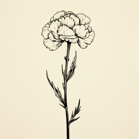 a black and white illustration of a carnation flower in the style of vintage minimalism. the illustration features light brown and light amber tones, showcasing detailed anatomy and a touch of classical romanticism. created with minimalist strokes and hand-painted details, this illustration captures the essence of the carnation flower beautifully. ai generatedの素材