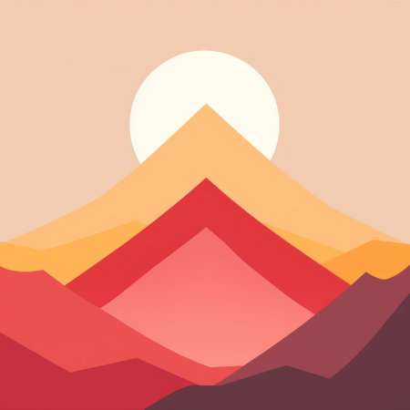 mountains and sunset: a captivating abstract artwork featuring bold and colorful geometric shapes inspired by graphic design. the composition showcases a combination of light beige and crimson hues, creating a minimalist yet visually striking image. with its iconographic symbolism and the use of a sabattier filter, this piece evokes a sense of depth and layers, adding an intriguing element to the overall aesthetic. ai generatedの素材