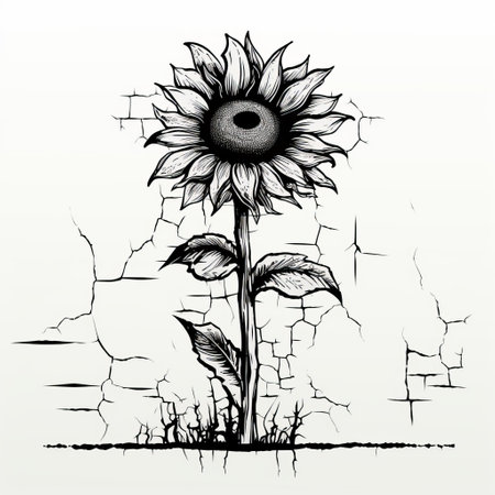 a yellow sunflower with a crack in the background, depicted in a gothic illustration style. the minimalistic black and white sketches showcase earthworks and cracked elements. the realistic perspective and precise draftsmanship bring out the beauty of the flower. this artwork is reminiscent of murals and wall drawings. ai generatedの素材