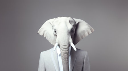 a person dressed in business attire is depicted as an elephant in this surreal portrait. the light gray and white color scheme adds to the minimalistic style of the artwork. the striking digital surrealism is reminiscent of the works of artists such as serge marshennikov and gabriel isak. the frontal perspective enhances the impact of the image. ai generatedの素材
