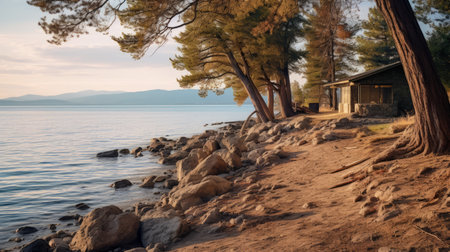 lake view at sunset, showcasing the shoreline with rough hewn surfaces. this dreamy and romantic composition captures the enchanting blend of light brown and turquoise hues. the forestpunk aesthetic is evident in this documentary travel photograph, which beautifully portrays the en plein air beach scene. the cabincore vibe adds a touch of rustic charm to this captivating image. ai generatedの素材