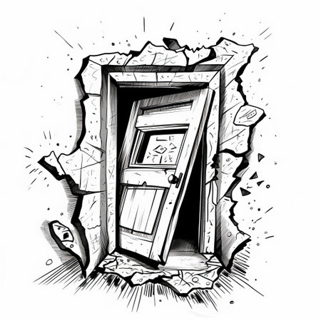 the drawing depicts a whimsical cartoon-style door that has been broken into. the black and white realism of the illustration is reminiscent of necronomicon illustrations. the extreme angle adds a dynamic touch to the artwork, while the influence of tumblewave and will eisner can be seen in the graphic illustration. ai generatedの素材