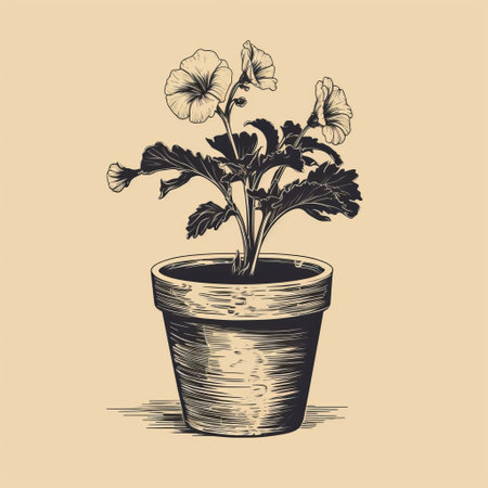 hand-drawn sketch of flowers in a pot, reminiscent of vintage wood engravings. this simple yet distinctive design features a solarization effect, giving it a unique and organic feel. the beige color palette and high-contrast shading add to its vintage poster aesthetic, making it a charming and eye-catching piece of art. ai generatedの素材