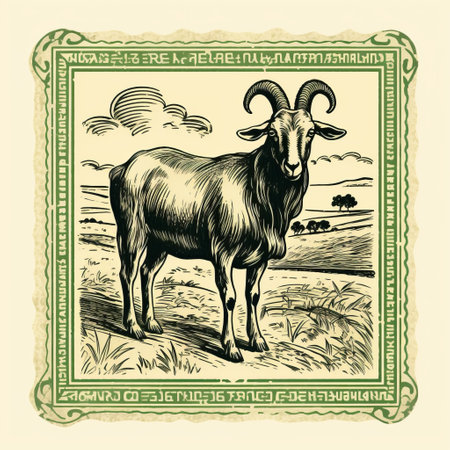 a vintage graphic design artwork featuring a goat in a field, inspired by the richly detailed art nouveau style. the italian landscapes add a touch of charm to this piece, while the engraved line-work showcases intricate craftsmanship. with elements of wimmelbilder and political satire prints, this image captivates with its light green and dark black color palette. ai generatedの素材
