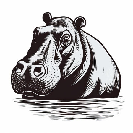 a monochrome ink-style photo of a hippo with its head submerged in water. the image showcases the hippo's red and brown eyes, while capturing realistic detailing and vintage imagery. the photo highlights the strong facial expression of the hippo and emphasizes linear perspective. the woodcut-inspired graphics add a unique touch to the overall composition. ai generatedの素材