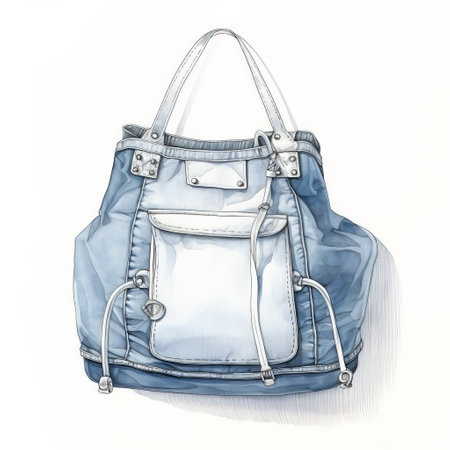 a photo featuring a denim backpack and leather shoulder bag, showcasing a detailed sketching style with soft edges and blurred details. the watercolor technique adds a unique touch, while the subtle use of light and shadow creates a captivating effect. the monochromatic shadows, light azure, and silver hues are enhanced by the high-key lighting. ai generatedの素材
