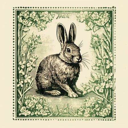 a rabbit posing in an 18th century style pattern reminiscent of victorian engravings. the nature-inspired imagery showcases vintage poster design with green and emerald hues. the decorative borders add an elegant touch to the wimmelbilder-like scene, resembling black-and-white block prints. ai generatedの素材