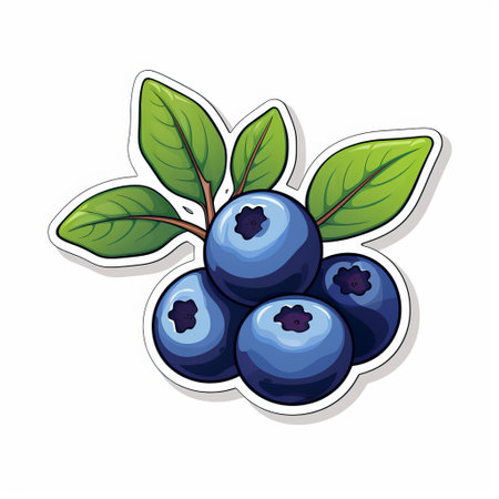 blueberry sticker design featuring a vibrant blueberry illustration with intricate leaves and a green vine on a clean white background. this design showcases a coloristic intensity and realistic still life style, with a dark azure hue that is visually captivating. the group material and hand-coloring technique make it a unique and eye-catching piece. this design is available under the creative commons attribution license. ai generatedの素材