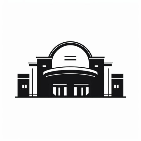 a black and white photo of a theater building, featuring simplified line work and rounded shapes. the image showcases a minimalistic and symmetrical design, with detailed marine views in the background. the prairiecore aesthetic is evident in the clean and streamlined streetscape captured in this artistic composition. ai generatedの素材