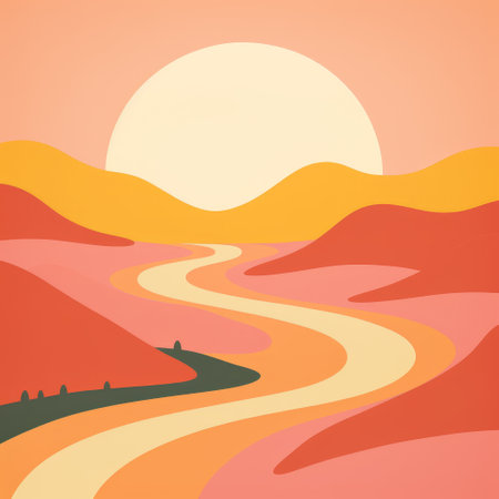 an orange hill bathed in sunlight, with a road winding through the landscape. this mid-century illustration style captures the essence of romantic riverscapes and desertwave aesthetics. the streamlined design showcases smooth and curved lines, while the color palette of pink and amber adds a touch of warmth. a historical illustration that transports you to a bygone era. ai generatedの素材
