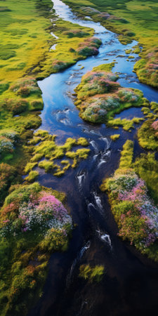 aerial photography captures a stunning view of a river adorned with white and pink flowers. the vibrant colors of the flowers contrast beautifully with the lush green fields. the organic and flowing forms of the landscape create an ephemeral installation that resembles multi-layered color fields. this photorealistic pastiche showcases the beauty of norwegian nature. shot with a sony fe 85mm f/1.4 gm lens. ai generatedの素材