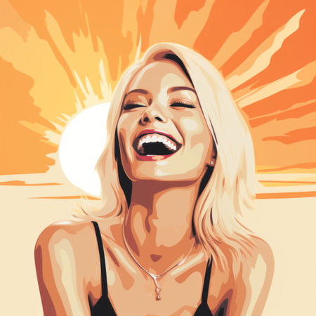a girl with a smile on her face is standing on a sunny beach, gazing into the sunlight. the graphic, pop-art style of the image is reminiscent of golden age illustrations. the color palette includes light orange and light black, creating a vibrant and eye-catching effect. the sky is richly colored, adding depth to the scene. the artwork showcases accurate and detailed celebrity portraits, withの素材