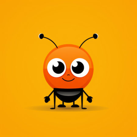 a cute smiling ant drawing on an orange background, featuring a futuristic design with simplistic characters. the playful character designs and detailed character design make this artwork stand out. the back button focus adds depth to the image, while the alien worlds and saturno butto add an intriguing touch. ai generatedの素材