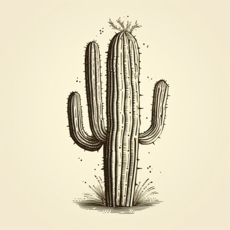 a hand-drawn vector image of a cactus plant, showcasing intricate engraving details reminiscent of vintage americana and the prairiecore aesthetic. inspired by the works of cody ellingham, this illustration captures the naturalistic poses of cacti with textured splashes, evoking a 19th-century vibe. ai generatedの素材
