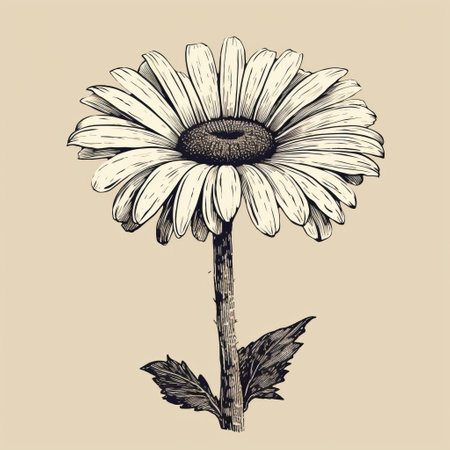 a vintage-inspired black and white ink drawing of a daisy on a dark brown background. this realistic illustration captures the essence of golden age illustrations with its woodcut-inspired graphics. the light gray and light beige tones add to its vintage aesthetics. ai generatedの素材