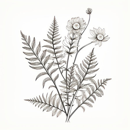 a stylized botanical fern with flowers is depicted in this black and white photograph. the image is inspired by realistic graphite drawings and scientific illustrations, showcasing light gray and brown tones. the composition also draws influence from persian miniatures, featuring trace monotone details. the overall aesthetic is characterized by organic simplicity and intricate illustrations. ai generatedの素材