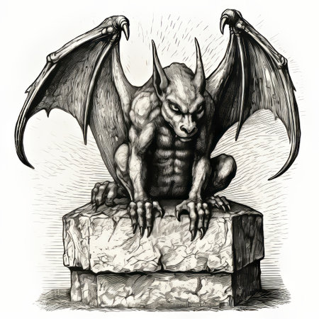 the gargoyle, with its intricate carved wood blocks and detailed crosshatching, is depicted in a high-resolution, matte photo. this historical illustration showcases the gargoyle kicking up dirt, reminiscent of psychological phenomena illustrations. ai generatedの素材