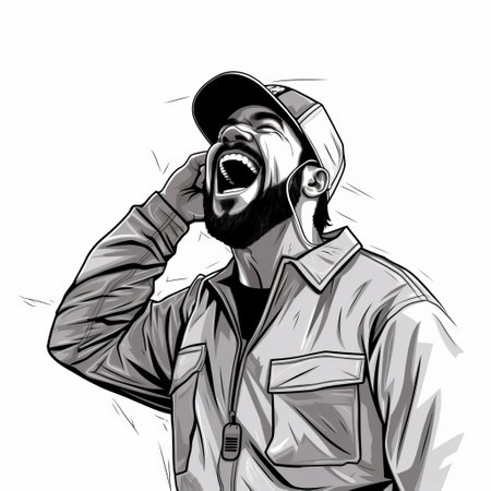 an angry man with a beard is depicted in this black and white drawing, showcasing the influence of hip hop aesthetics. the artwork exudes a sense of joy and optimism, reminiscent of kodak colorplus film. the style can be described as "mommys on-the-phonecore," capturing candid moments from a low-angle perspective. the drawing also showcases the artist's architectural illustration skills. ai generatedの素材