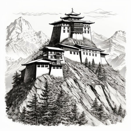 a black and white drawing of a building on top of a mountain, reminiscent of himalayan art. this historical illustration captures the essence of a national geographic photo with its saturated color fields. the traditional ink painting technique showcases detailed character design, resulting in a high-resolution masterpiece. ai generatedの素材