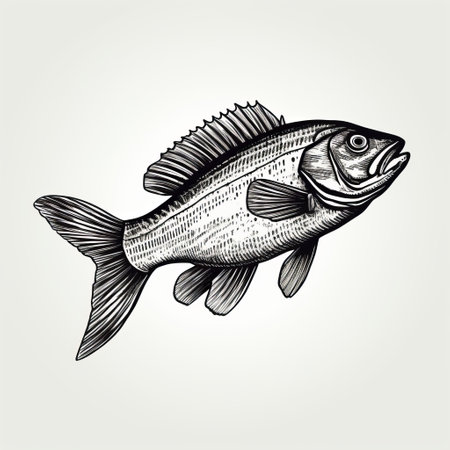 a sketch of a bass fish, featuring highly realistic and textured illustrations in a woodcut style. the light gray and light black tones create a visually striking contrast. the flat and linear illustrations showcase the unique artistic style known as tupinipunk. ai generatedの素材
