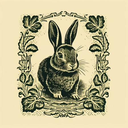 a vintage-inspired art illustration by phn featuring a rabbit, fox, and owl on an intricately designed handmade frame with leaf motifs. this woodcut-style piece showcases realistic chiaroscuro and ornate details, reminiscent of vintage poster designs. captured with a sony alpha a1 camera, this artwork pays homage to the artistic movement of the san francisco renaissance. ai generatedの素材