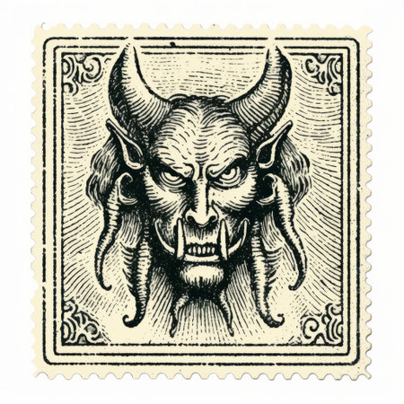a black and white stamp featuring a raven and demon face, reminiscent of the artistic styles of gerald brom, ravi zupa, hinchel or editorial illustrations. the stamp showcases a light yellow and dark navy color scheme, with antique subjects and a rough-edged 2d animation aesthetic. ai generatedの素材
