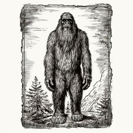 the bigfoot illustration captures the essence of this legendary creature in an engraving style reminiscent of ingrid baars. with dignified poses inspired by wojciech siudmak and richard long, the charming characters come to life in dark, white, and gray tones. the gigantic scale adds to the awe-inspiring presence of the bigfoot. ai generatedの素材