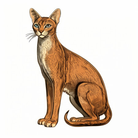 a cartoon image of a cat on a white background, featuring a vector design inspired by the style of jerry pinkney. the artwork showcases a realistic and detailed rendering, with elements of burmese art and egyptian iconography. the cat is depicted with contoured shading and vibrant colors, creating a visually striking and captivating illustration. created by wlad safronow. ai generatedの素材