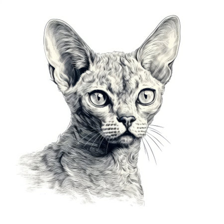 a sphinx cat is depicted in this handmade pencil drawing, showcasing a face with intricate details. the style of the illustration resembles the intricate pen work of burmese art, known for its detailed character illustrations. the portrait is hyper-detailed and realistic, reminiscent of mid-century illustrations. the white and gray color palette adds to the overall aesthetic of this poodlepunk-inspired artwork. ai generatedの素材