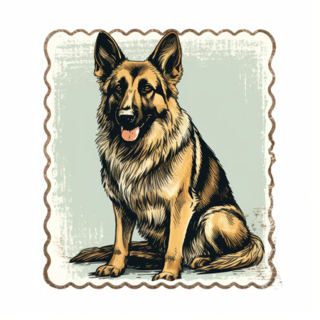 a german shepherd dog is depicted in a frame, showcasing textured illustrations in dark beige and light azure. the artwork features dark humor graphic prints with historical influences, displaying detailed brushstrokes. the illustration is predominantly in light navy and light amber tones. ai generatedの素材