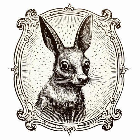 an old style hare, reminiscent of necronomicon illustrations, is captured in a gothic black and white photograph. encased in an ornate ormolu frame, the hare's shiny eyes exude a close-up intensity. this whimsical portrait by dino valls combines classic tattoo motifs with a captivating and mysterious allure. ai generatedの素材