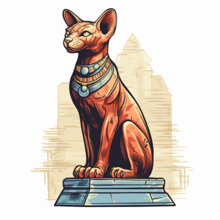 egyptian cat statue on a white background, featuring graffiti-inspired illustrations in light red and dark azure. the statue showcases realistic cityscapes, with a touch of bronze and amber, reminiscent of grandiose ruins. the design incorporates classic tattoo motifs and high-contrast shading, creating a visually striking piece. ai generatedの素材