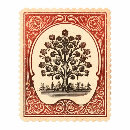 the traditional old-fashioned tree from the korean post stamp showcases a richly detailed art nouveau style. with its light red and brown hues, the tree evokes elements of qajar art, 19th-century american art, and venetian rococo. this 35mm film illustration captures the intricate beauty of the tree, making it a captivating piece of art. ai generatedの素材