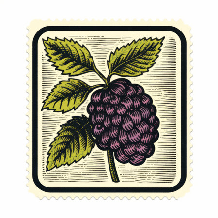 a vintage-style stamp featuring a beautifully embroidered black raspberry with vibrant green leaves and leafs. the mid-century illustration style adds a touch of nostalgia to this matte photo, which showcases the delicate details of the fruit. the light yellow and magenta colors create a striking contrast, reminiscent of historical illustrations. this unique stamp captures the essence of a bygone era with its light maroon andの素材