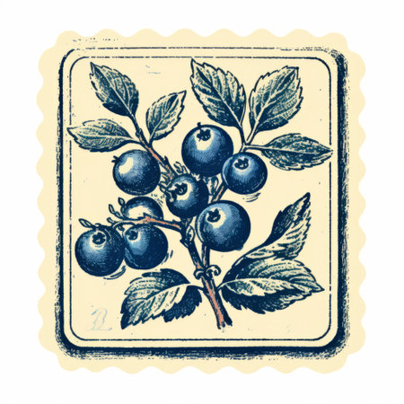 blueberry wreath decal, reminiscent of woodblock prints and nostalgic illustrations. this vintage-inspired graphic design captures the essence of a kitchen still life with a tender depiction of nature. perfect for adding a touch of nostalgia to any space. available at the wreath shop on amazon. ai generatedの素材