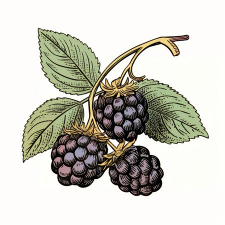 black raspberries on a branch with leaves, depicted in a black and green vector illustration. the illustration is created in the style of detailed engraving, showcasing a classic still-life composition. the color palette includes light yellow and maroon, with accents of light turquoise and purple, evoking a sense of historical imagery. ai generatedの素材