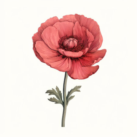 a red poppy flower, reminiscent of henrietta harris' style, stands alone against a white background. the flower showcases a beautiful blend of light pink and dark bronze tones, resembling lush baroque still lifes. delicately detailed with fine lines and delicate curves, this meticulously crafted image captures the essence of edward poynter's artistry. ai generatedの素材