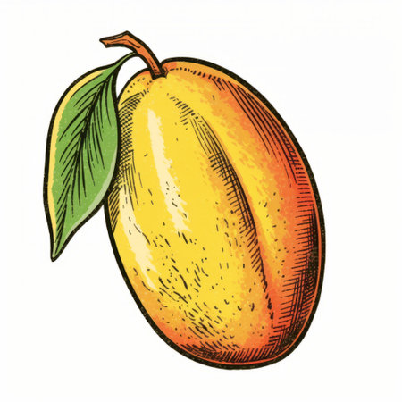 a mango vector eps icon with a nostalgic illustration style, influenced by chris riddell's artwork. this digitally enhanced icon showcases stylistic influences from japanese woodblock prints, particularly from the years 1970 to the present. lucien pissarro's artistic touch can also be seen in this vibrant and eye-catching mango icon. ai generatedの素材