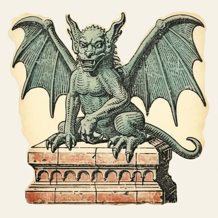 an engraving of a winged monster, reminiscent of intricate architectural designs, showcases a satirical tone. this colorized artwork, created in the late 19th century, was meticulously carved on wood blocks. the image exudes a goblin academia vibe, incorporating vintage imagery to captivate the viewer. ai generatedの素材