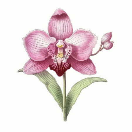 an orchid botanical illustration featuring a realistic rendering in the style of light magenta and red. this classic tattoo motif showcases detailed miniatures with a distinctive character design. inspired by dansaekhwa, the pastel color scheme adds a unique touch to this captivating artwork. ai generatedの素材