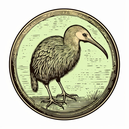 a kiwi bird is depicted on the ground in a richly detailed art nouveau style, featuring graphic illustrations. the image is captured through a fisheye lens, adding a unique perspective. the artwork showcases elements of rustic realism and incorporates americana iconography. the kiwi bird is portrayed with scientific precision, reminiscent of symbolic nabis illustrations. ai generatedの素材
