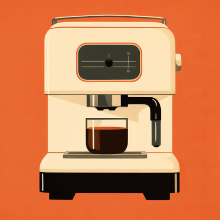 an old style coffee maker is showcased on a vibrant orange background, reminiscent of modernist illustrations. the dark white and beige tones add a touch of elegance to this editorial-style image. with influences from precisionist art and minimalistic design, the photo exudes a unique aesthetic. the cross processing technique enhances the overall effect, resulting in a caricature-like illustration. ai generatedの素材