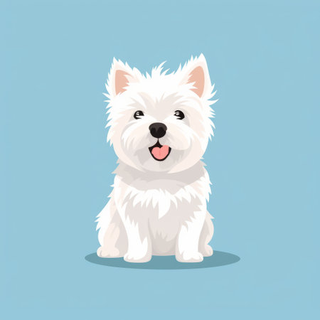 a white west highland terrier, depicted in a simplistic cartoon style, sits atop a vibrant blue background. this charming character illustration showcases the dog's strong facial expression and dignified pose. the artwork is reminiscent of 2d game art, with subtle tonal values adding depth to the overall illustration. ai generatedの素材
