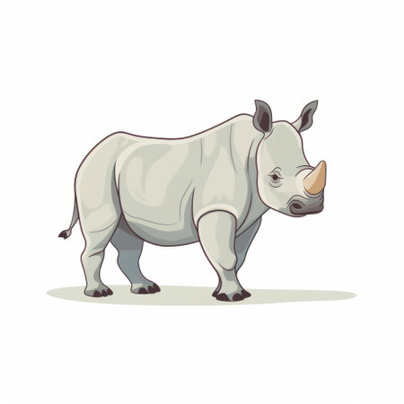 a cartoon rhino stands on a white background, showcasing subtle color harmonies. the style resembles wildlife photography with bold chromaticity, featuring a mix of dark white and light beige tones. the image captures sharp attention to detail, with the rhino colorized. this cartoon illustration appeals to both animal and people enthusiasts. ai generatedの素材
